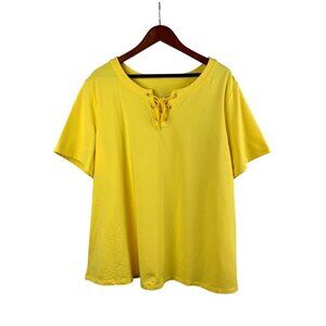 D&Co Womens Yellow Lace-Up Top Size 2X Cotton/Spandex Short Sleeve Casual Wear